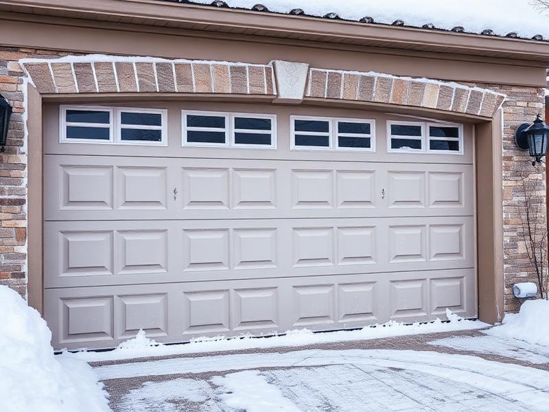 Garage door with frost and snow, demonstrating winter weather conditions
