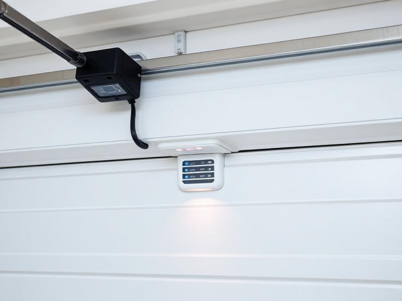 Garage door safety sensors installed at bottom of door frame for motion detection